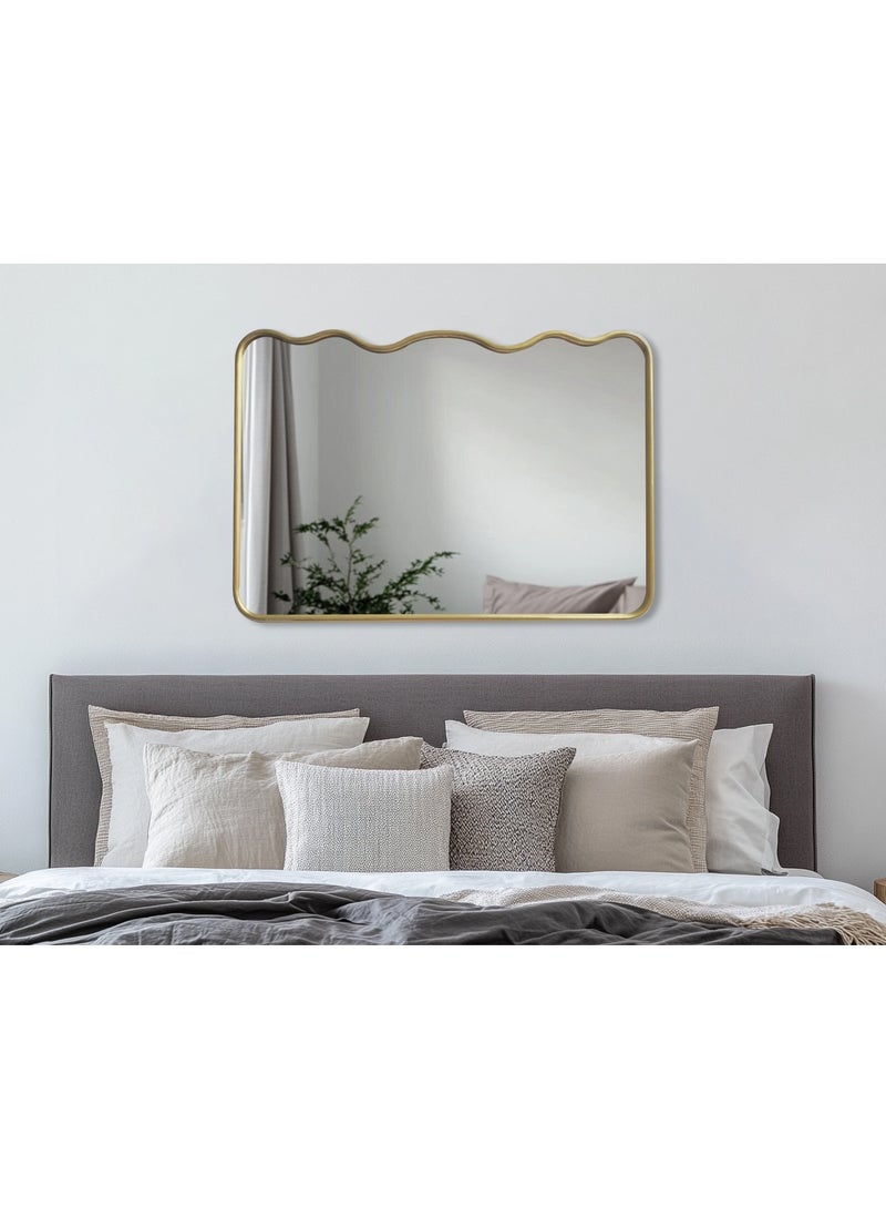 Migue home Rectangular Wavy Wall Mirror With Gold Frame, Decorative Mirror For Bedroom, Living Room & Entryway - Size 66cm x 60cm x 2 cm in Gold - Image 1