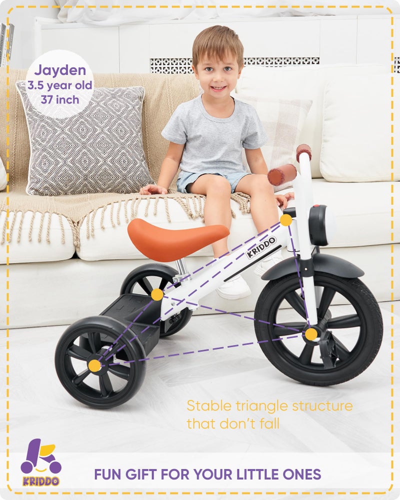 KRIDDO Kids Tricycle, 12 Inch Puncture Free Wheel w Front Light, Adjustable Seat Height, Gift for 2-5 Year Olds, White - Image 3