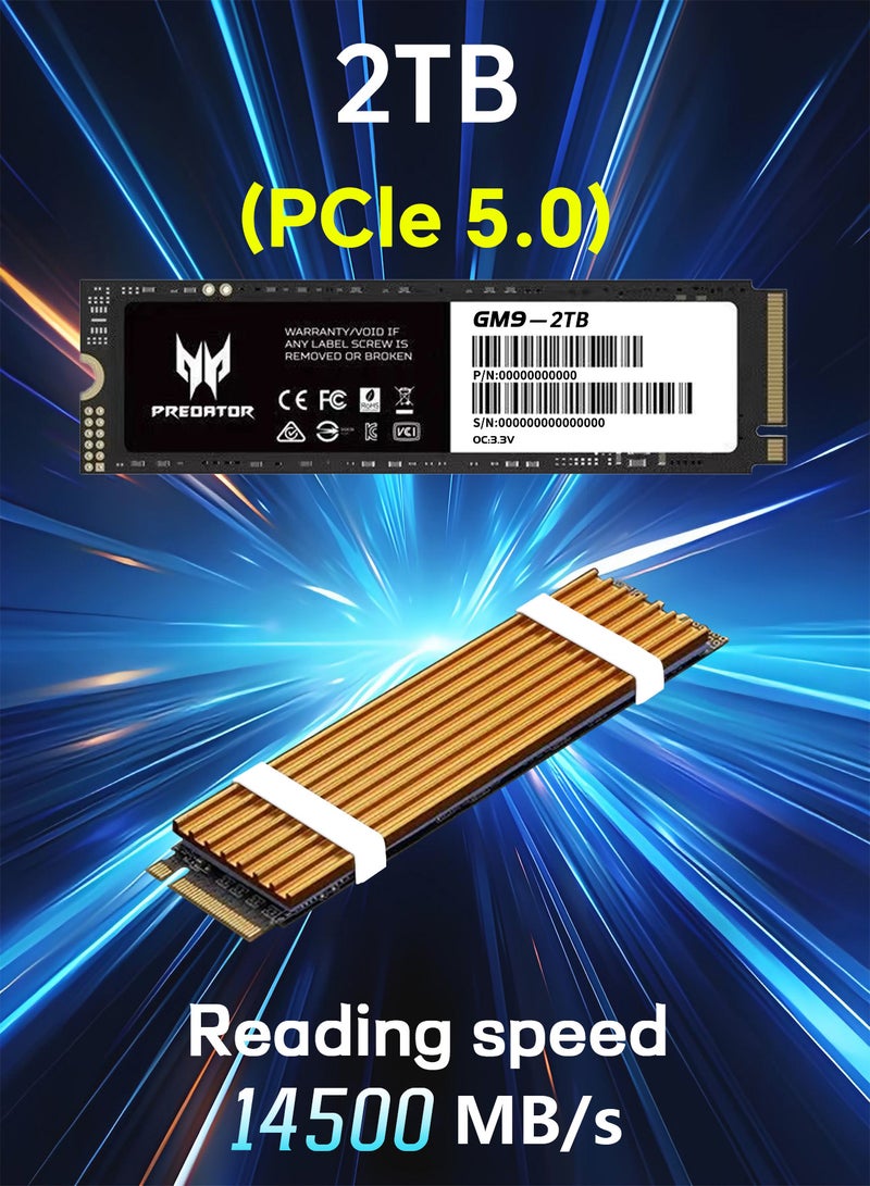 Predator PCIE 5.0 M.2 SSD 2TB 14500MB/s SSD PCIe NVMe Gen5 M.2 2280, Internal Solid State Drives, Best for AI Computing, Gaming, and Heavy Duty Workstations, Compatible with PS5, Desktop computer, Laptop, Including Heatsink, Disassembly Tools and Installation Instructions - Image 1