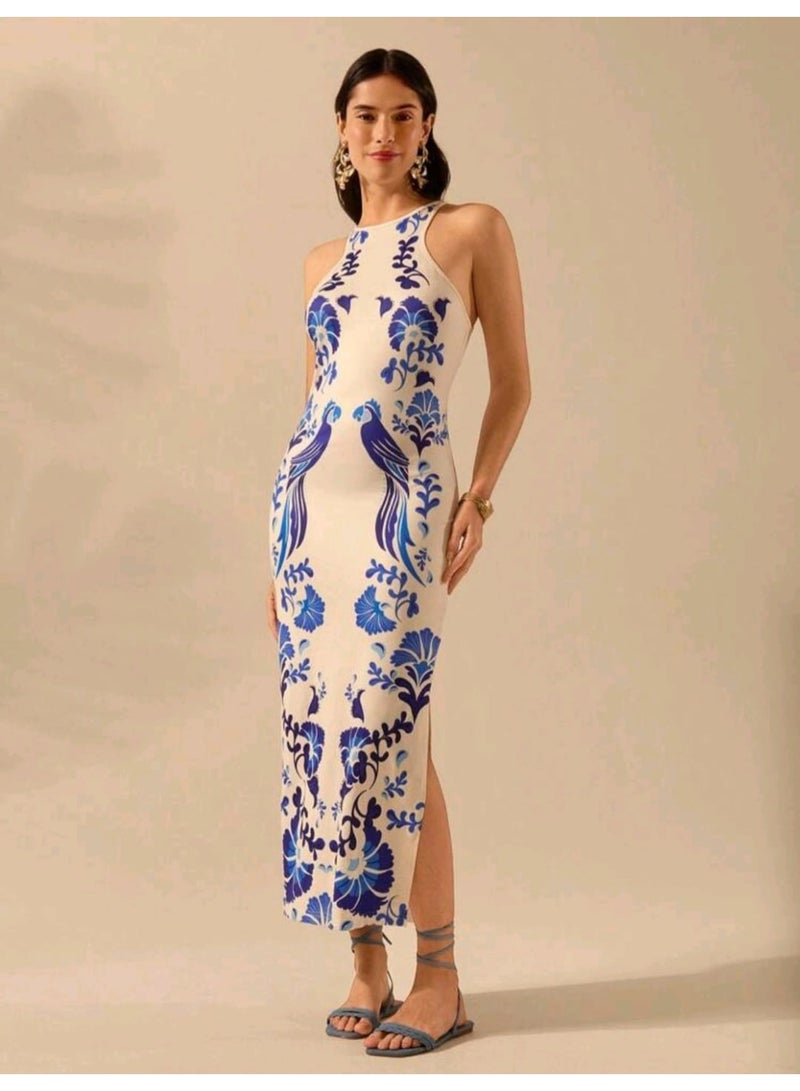 SHEIN Women's Bohemian Tropical Plant & Parrot Blue Print Sleeveless Crew Neck Fitted Dress - Image 2