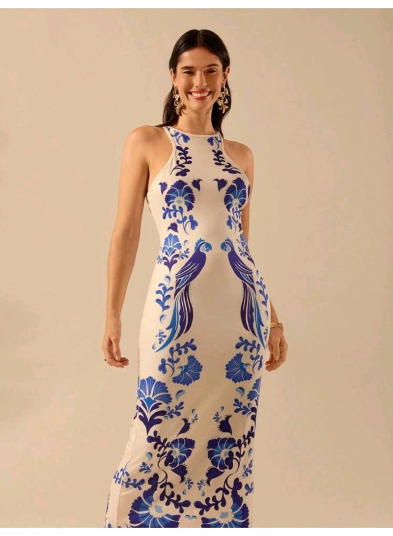 SHEIN Women's Bohemian Tropical Plant & Parrot Blue Print Sleeveless Crew Neck Fitted Dress - Image 3