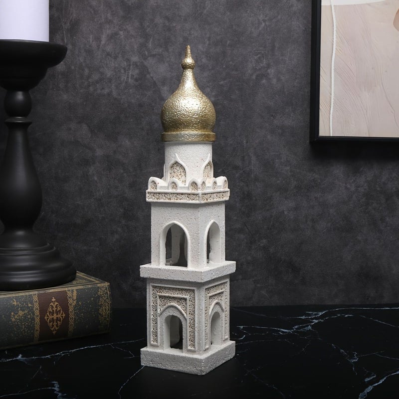 1 جهاز تمثال ديكور من الراتنج على الطراز الشرقي الأوسط بهلال ونجم، تصميم معماري لبرج البشارة، ملون، للاستخدام الداخلي والخارجي، لا يحتاج إلى كهرباء، ديكور متعدد الغرف لغرفة المعيشة والفناء والمكتب والعطلات، زينة يومية للمنزل. - Image 5