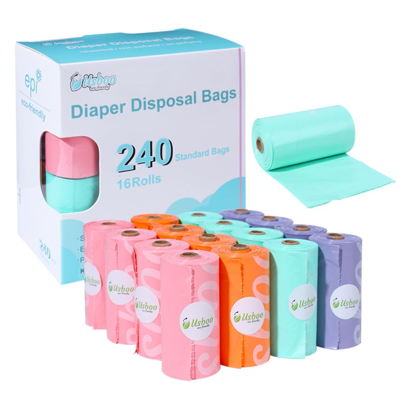 USBOO Diaper Bags Disposable for Baby 16 Refill Rolls240 Bags OXOBiodegradable Waste BagsDirty Disposable Diaper BagsDiaper Trash BagsRainbow - Image 2