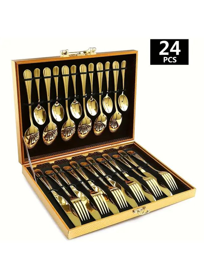 Golden 24 Piece Stainless Steel Tableware Set Mirror Polished Dishwasher Safe - Image 1