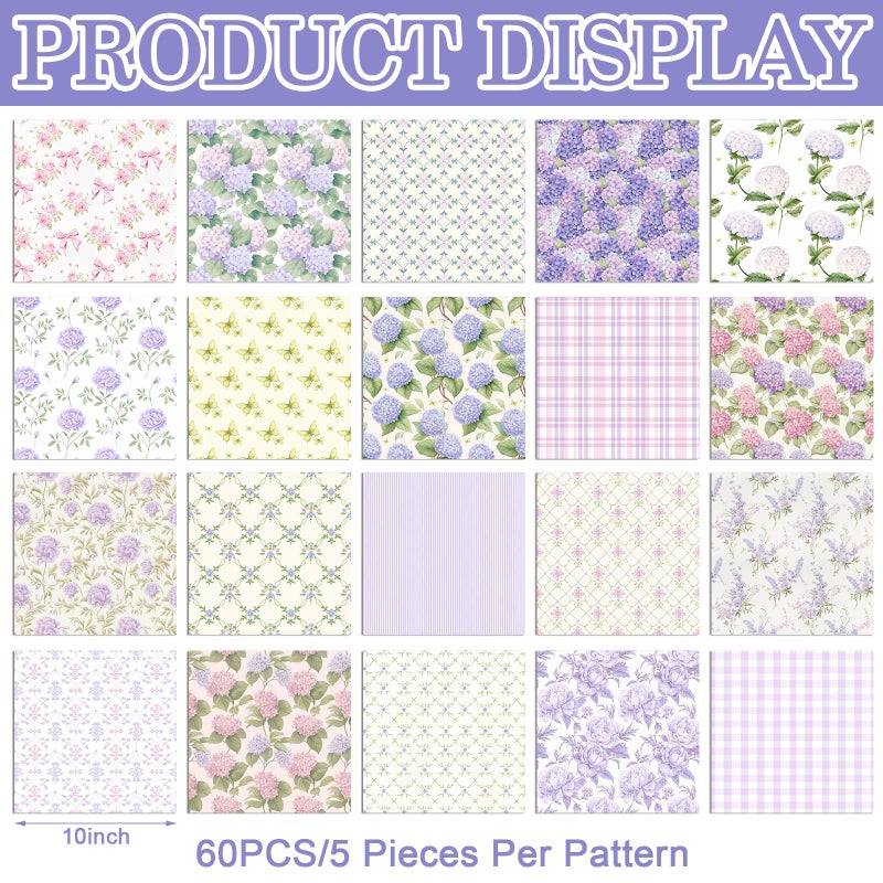 Tudomro 60 Pcs Purple Floral Fabric Squares 10 x 10 Inch Cotton Purple Pink Hydrangea Lavender Rose Gingham Fat Quarters Bundles Fabric Vintage Spring Precut Patchwork for Sewing Quilting DIY Crafts - Image 4