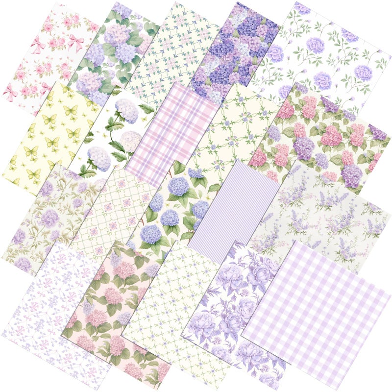 Tudomro 60 Pcs Purple Floral Fabric Squares 10 x 10 Inch Cotton Purple Pink Hydrangea Lavender Rose Gingham Fat Quarters Bundles Fabric Vintage Spring Precut Patchwork for Sewing Quilting DIY Crafts - Image 1