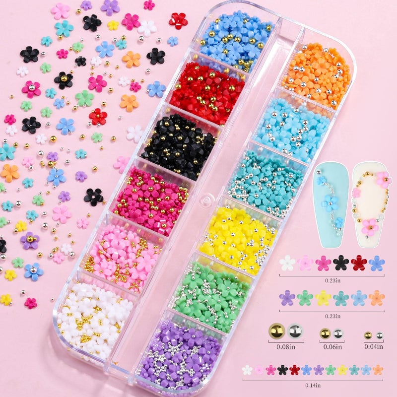 editTime 3D Colorful Flower Nail Art Charms, White Pink Acrylic Cherry Blossom Spring Petal Metal Gold Silver Round Caviar Beads Studs Pearl Rhinestones for Manicure Craft DIY (7-K3-solid) - Image 2