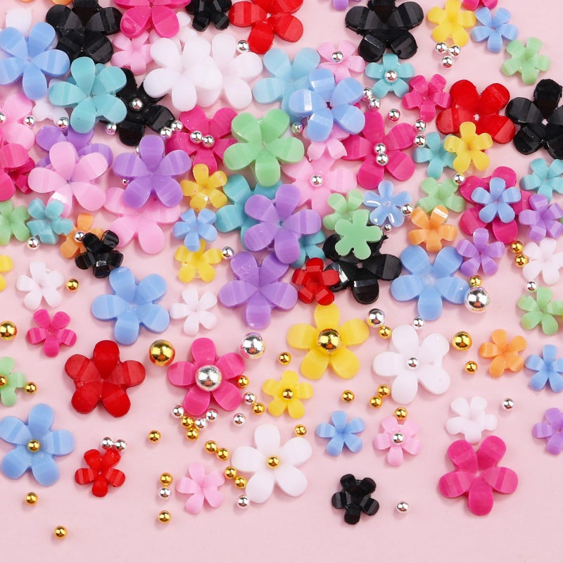 editTime 3D Colorful Flower Nail Art Charms, White Pink Acrylic Cherry Blossom Spring Petal Metal Gold Silver Round Caviar Beads Studs Pearl Rhinestones for Manicure Craft DIY (7-K3-solid) - Image 4