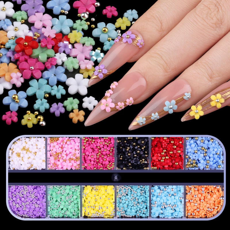 editTime 3D Colorful Flower Nail Art Charms, White Pink Acrylic Cherry Blossom Spring Petal Metal Gold Silver Round Caviar Beads Studs Pearl Rhinestones for Manicure Craft DIY (7-K3-solid) - Image 1