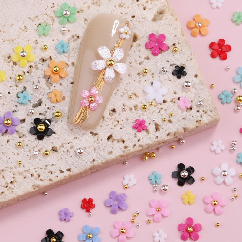 editTime 3D Colorful Flower Nail Art Charms, White Pink Acrylic Cherry Blossom Spring Petal Metal Gold Silver Round Caviar Beads Studs Pearl Rhinestones for Manicure Craft DIY (7-K3-solid) - Image 5