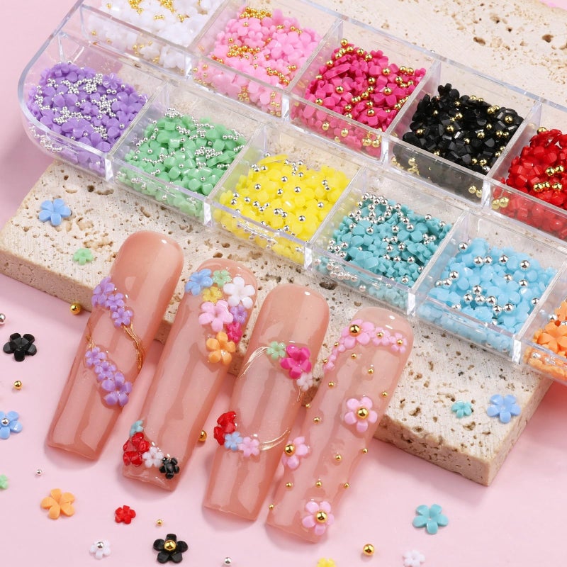editTime 3D Colorful Flower Nail Art Charms, White Pink Acrylic Cherry Blossom Spring Petal Metal Gold Silver Round Caviar Beads Studs Pearl Rhinestones for Manicure Craft DIY (7-K3-solid) - Image 3