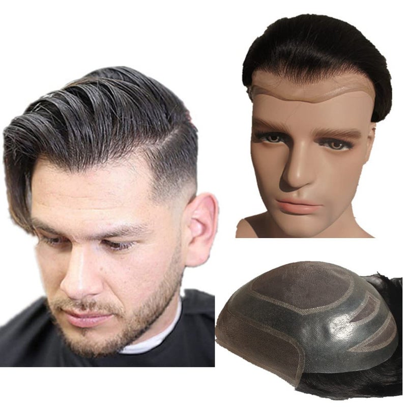 NLW Hair pieces for mens European human hair replacement system for men 10x8 base size hair Toupee for men prosthesis units for mans patch 1B Off black color