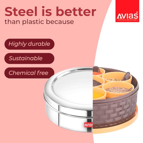 AVIAS Elegant Stainless Steel Spice Box with Lid/Masala Dani with 7 Compartments and Steel Spoon/Steel Masala Dabba for Kitchen/Masala Box for Kitchen/Rust Resistant Masala Dabba/Small - Image 4