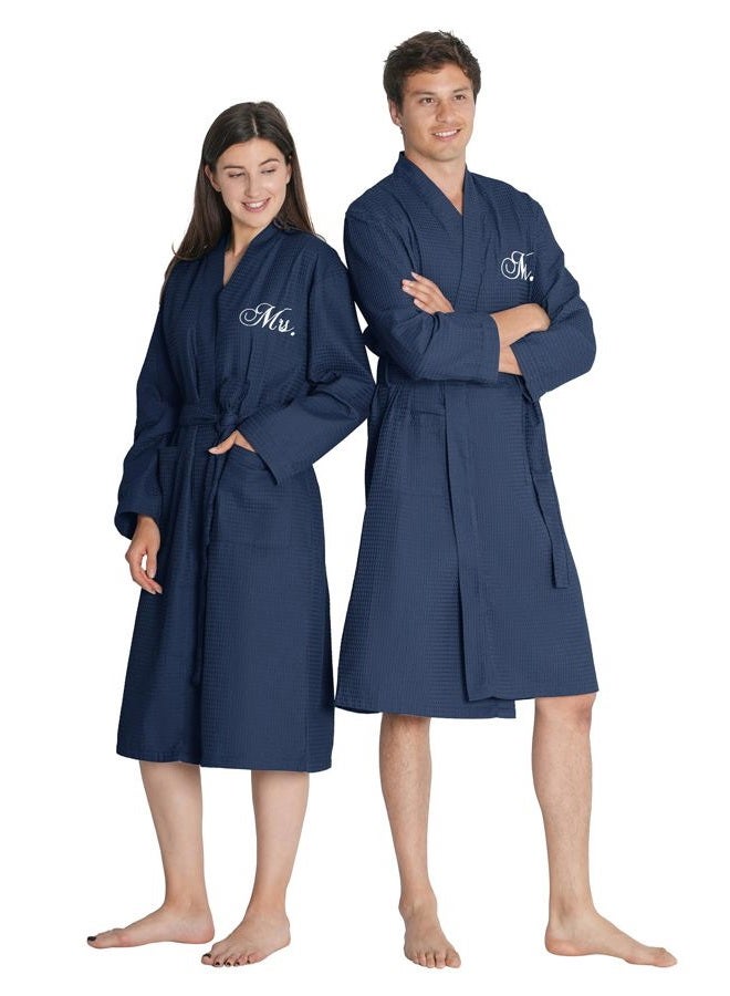 AW BRIDAL Mr and Mrs Waffle Knit Robe Set for Wedding Anniversary, Personalized Matching Robes for Couples, Women and Men, Navy- Mrs.& Mr.-3, One size - Image 1