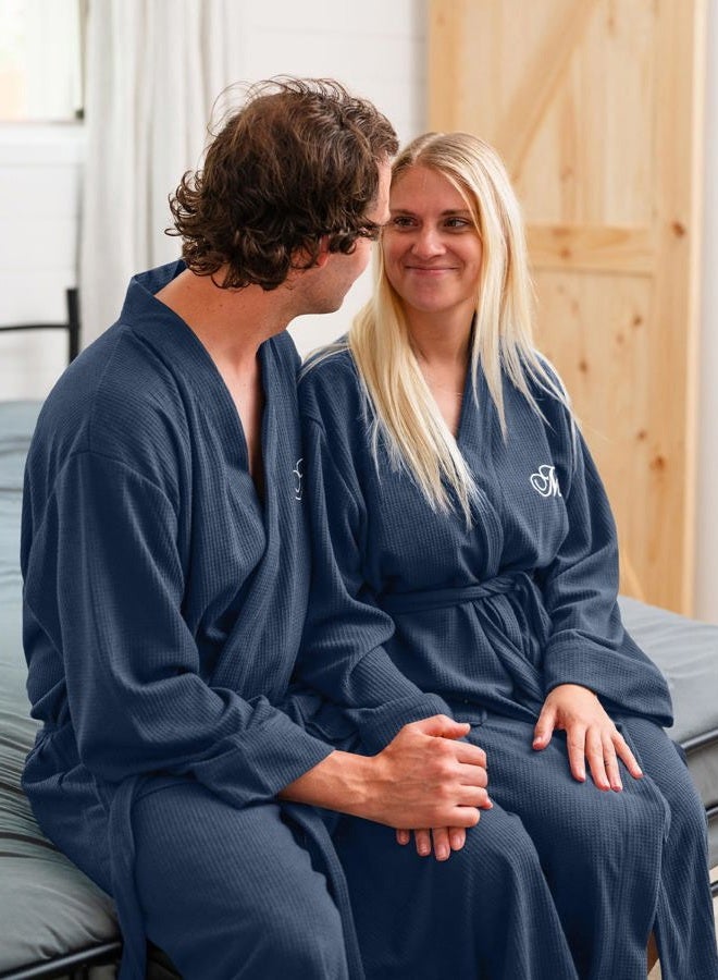AW BRIDAL Mr and Mrs Waffle Knit Robe Set for Wedding Anniversary, Personalized Matching Robes for Couples, Women and Men, Navy- Mrs.& Mr.-3, One size - Image 4