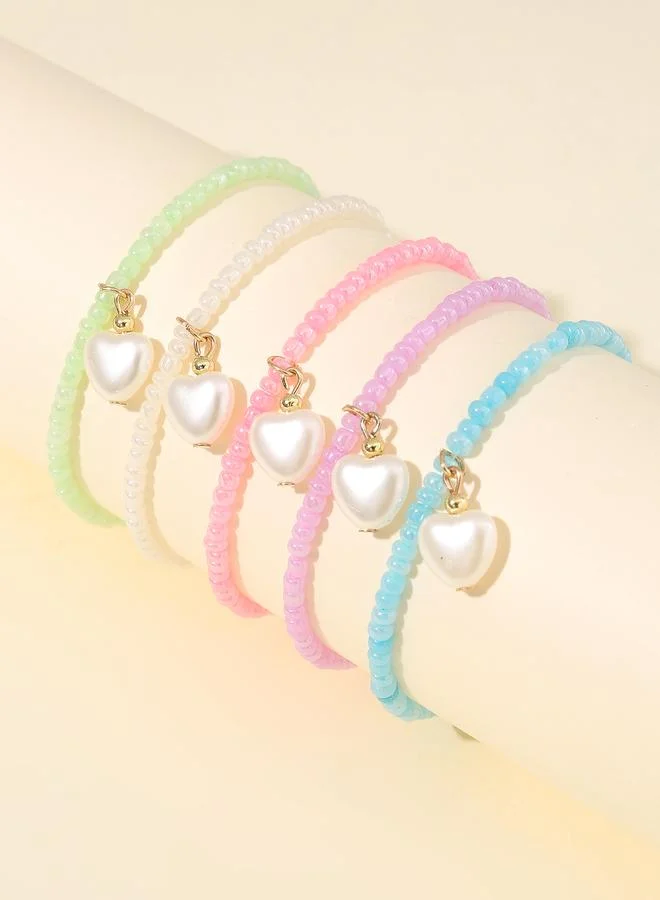 Pack of 5 - Girls Multi-Color Pastel Beaded Bracelets with Heart Charms