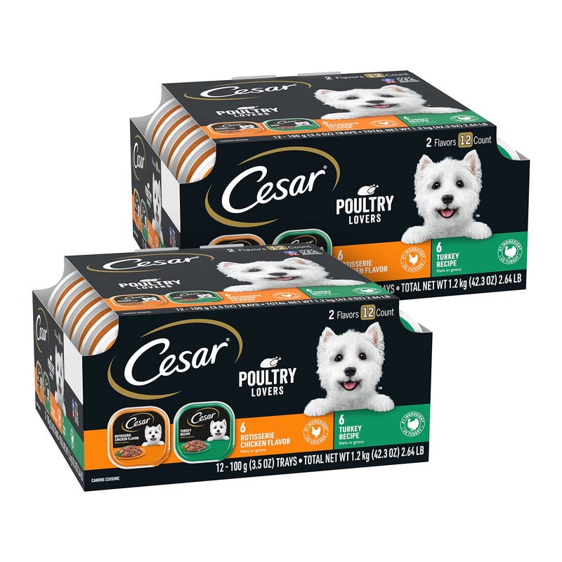 Cesar Filets in Gravy Adult Wet Dog Food Variety Pack, Poultry Lovers with Rotisserie Chicken Flavor and Turkey Recipe, 3.5 oz. Easy Peel Trays, Variety Pack, 12 Count (Pack of 2) - Image 1
