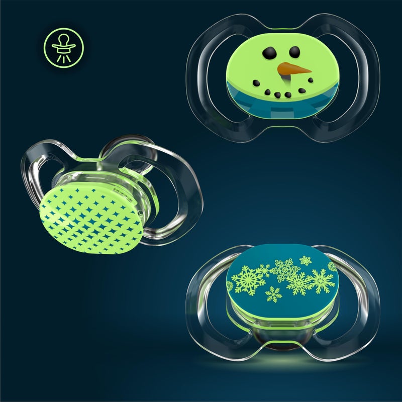 Smilo Baby Christmas Pacifier - 3 Pack of Slimline Dummies for Babies from 9+ Months - 100% Silicone Glow in The Dark Binky BPA Free - Christmas Original - Image 2