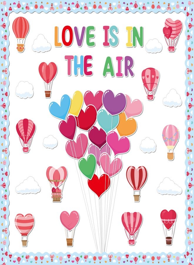 CPicdn 119Pcs Valentine’s Day Hot Air Balloon Heart Bulletin Board Decoration Set Love is in The Air Colorful Hearts Cloud Cutouts Name Tags Chalkboard Wall Decor for School Valentines Party Supplies - Image 1