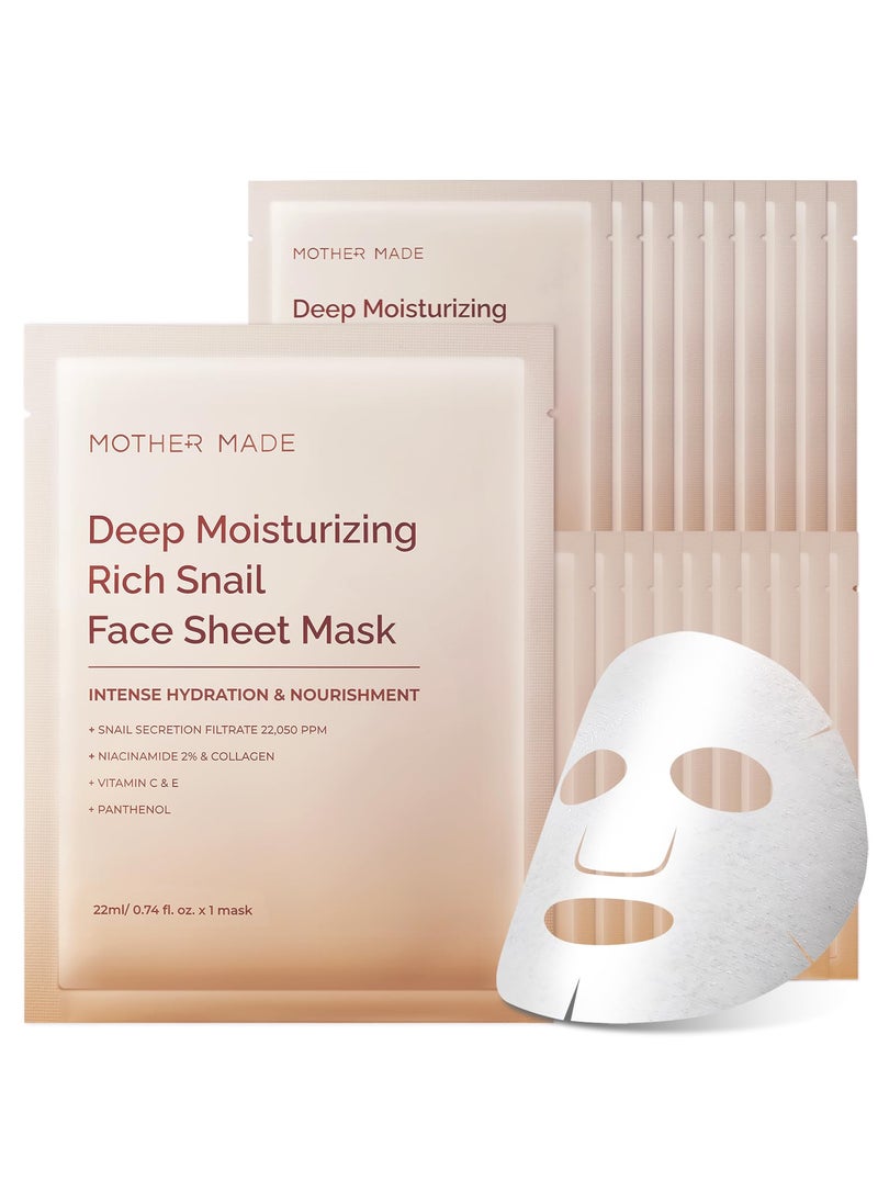 MOTHER MADE Moisturizing Antiaging Snail Mucin Face Masks 20 EA with Collagen Niacinamide 2 Squalane Face Mask for Dry Sensitive Skin Stocking Stuffers Self Care Korean Skincare 
