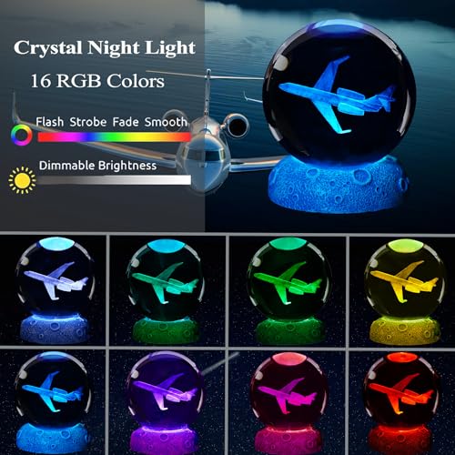 Posshe Planes Night Light Aviation Gifts 3D Crystal Ball 315 Inch 80mm Airplane Night Light with Remote Pilot Lamps with 16 Color for Birthday Xmas Cool Figurines Gifts for Room Decor Boys Girls - Image 3