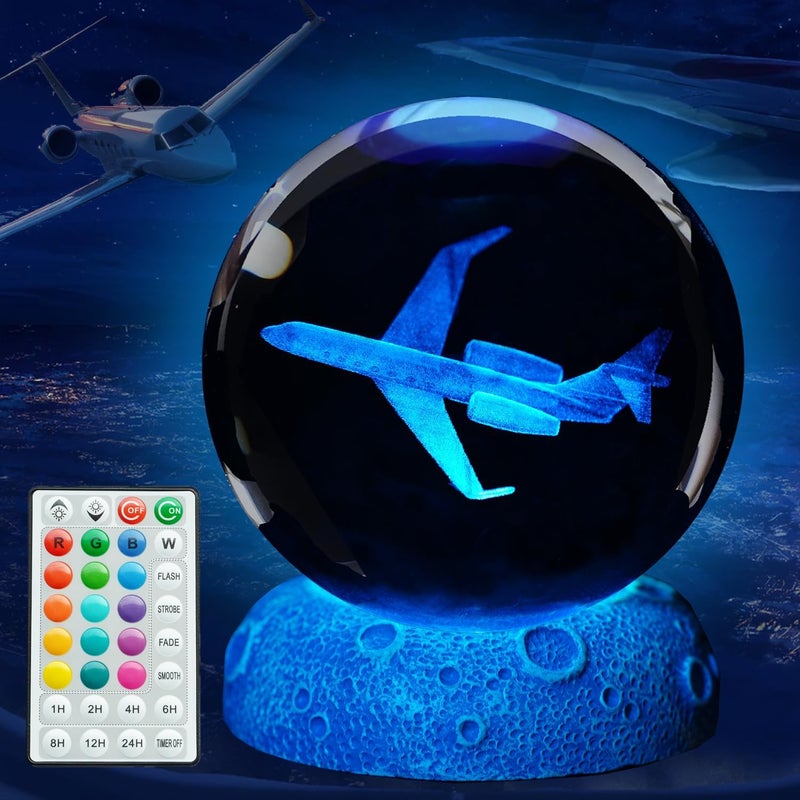 Posshe Planes Night Light Aviation Gifts 3D Crystal Ball 315 Inch 80mm Airplane Night Light with Remote Pilot Lamps with 16 Color for Birthday Xmas Cool Figurines Gifts for Room Decor Boys Girls - Image 2