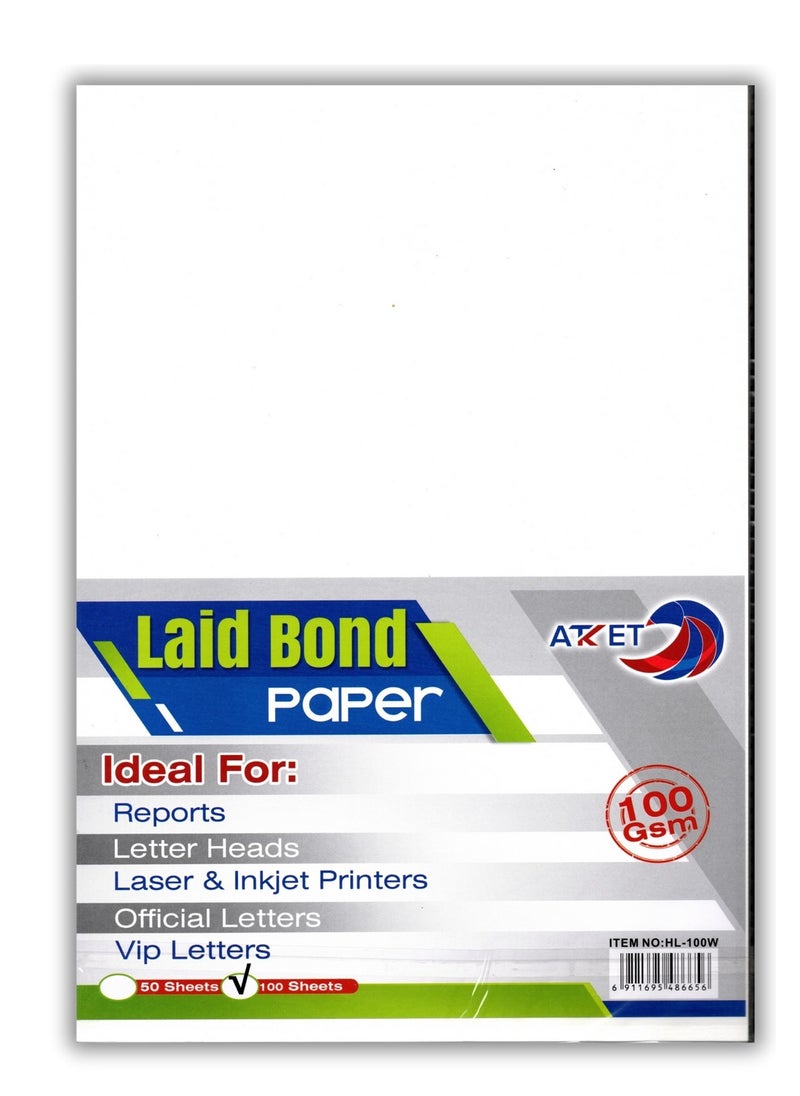 ATKET 100-Piece A4 Size Executive Laid Bond Paper White 100gsm Thickness  - Image 1