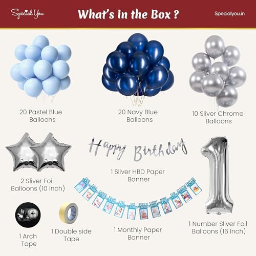 SpecialYou.in 1st Birthday Decoration for Boy with Navy Blue, Silver Chrome & Pastel Blue Balloons for Decoration, Star Foil Balloon, First Birthday Decoration for Baby Boy- 57 Pcs - Image 3