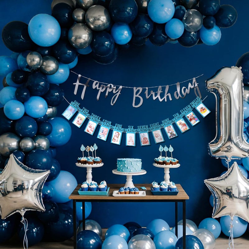 SpecialYou.in 1st Birthday Decoration for Boy with Navy Blue, Silver Chrome & Pastel Blue Balloons for Decoration, Star Foil Balloon, First Birthday Decoration for Baby Boy- 57 Pcs - Image 2