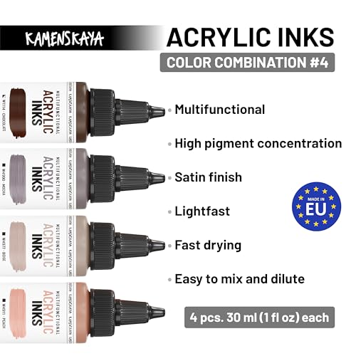 Kamenskaya Acrylic Inks for Artists - Acrylic Ink Set, Color Combination #4-4 pcs. 1 Fl Oz (30 ml) Each - Image 3