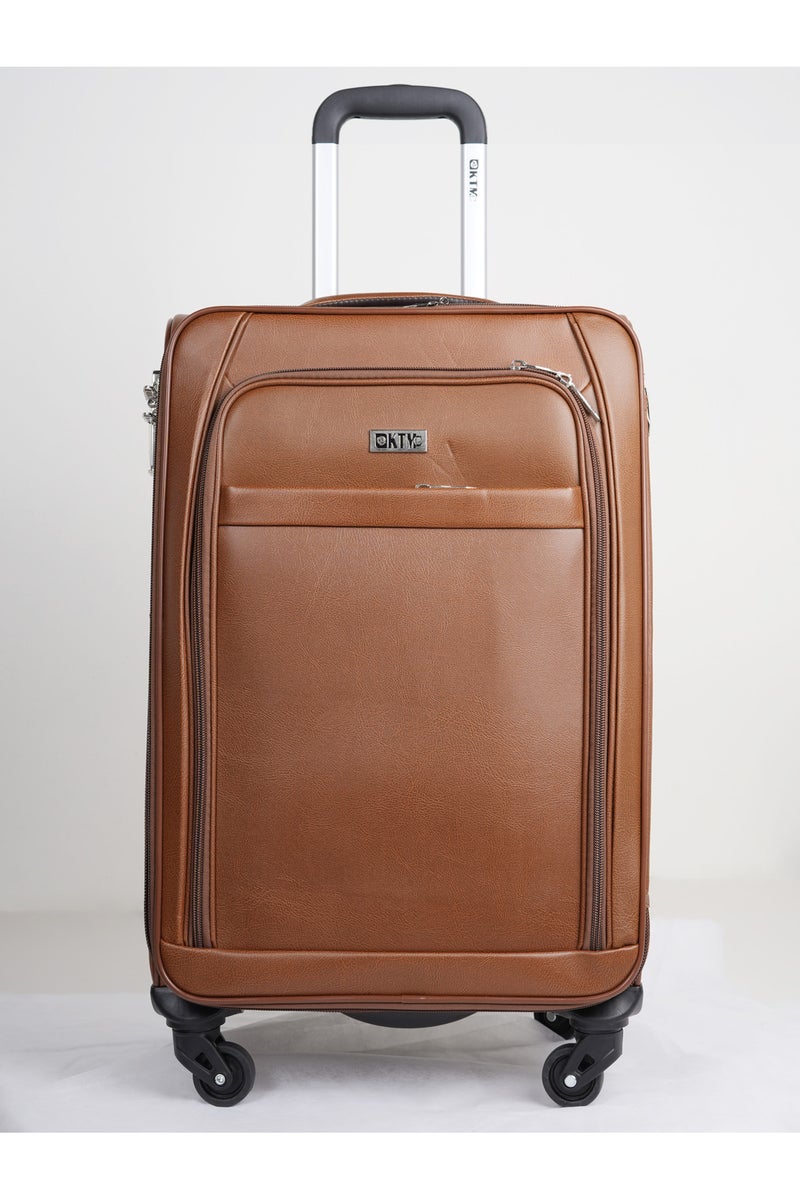 Medium Leather Luggage Lightweight Trolley Bag with 4 Spinner Wheels and Built in Combination Lock 26 inch Light Brown