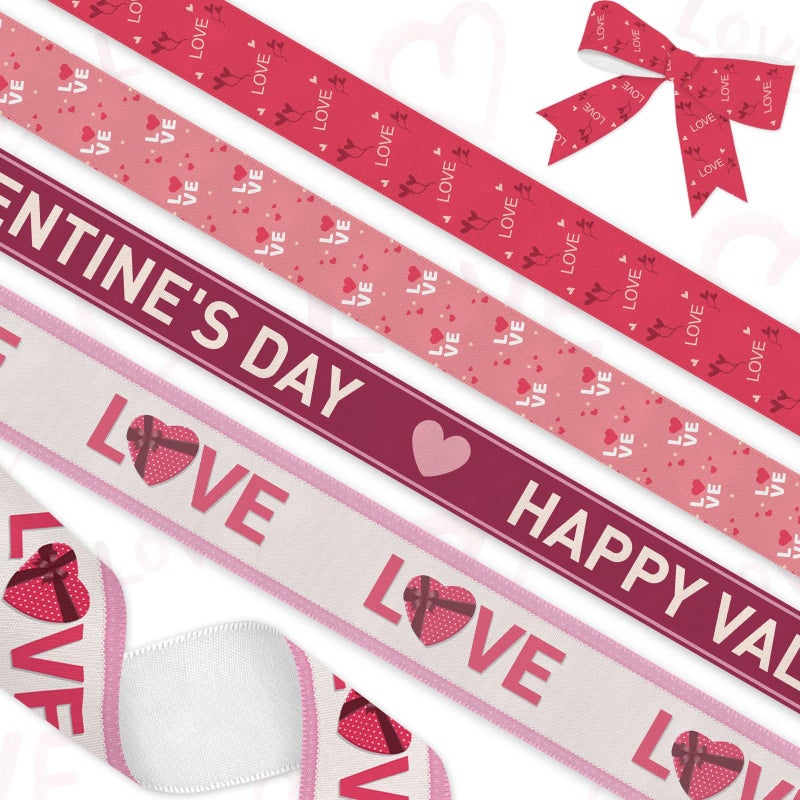 YKW 4 Rolls Valentine's Day Ribbon Set, Heart Pattern Ribbons for Wedding Gift Wrapping & DIY Crafts, 1x 1.5 (38mm) & 3X 0.78 (20mm) Rolls 5 Yards Each - Image 1