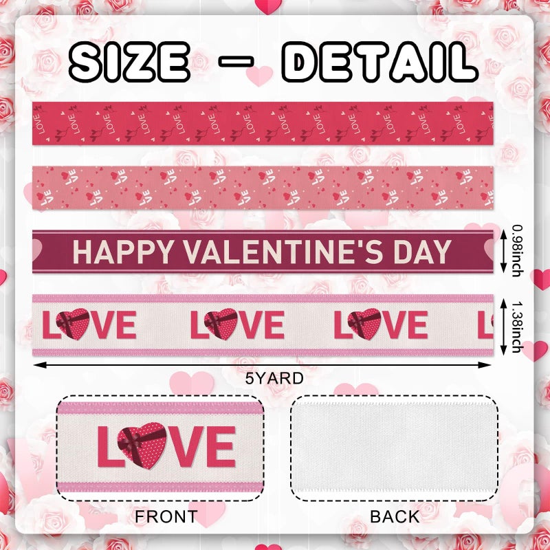 YKW 4 Rolls Valentine's Day Ribbon Set, Heart Pattern Ribbons for Wedding Gift Wrapping & DIY Crafts, 1x 1.5 (38mm) & 3X 0.78 (20mm) Rolls 5 Yards Each - Image 2