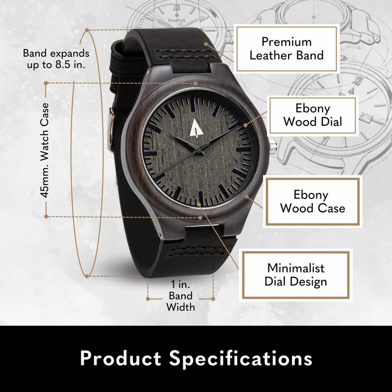 Treehut Wooden Watches for Men, Japanese Quartz Movement, Stylish Exotic Wrist Watch with Adjustable Stainless Steel Buckle, Leather Straps, Watch Made from Ebony Wood, Relojes para Hombre Mujeres - Image 4