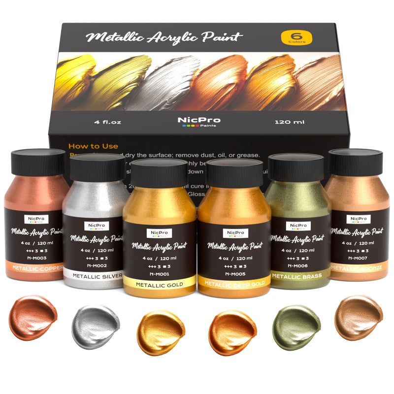 Nicpro Acrylic Paint Metallic, 6 Colors Gold, Silver, Copper, Brass, Bronze, DeepGold, 24oz/720ml Gold Leaf Paint, Non Toxic, Non Fading Paints for Art Painting, Handcrafts, Ideal for Multi-surface - Image 1