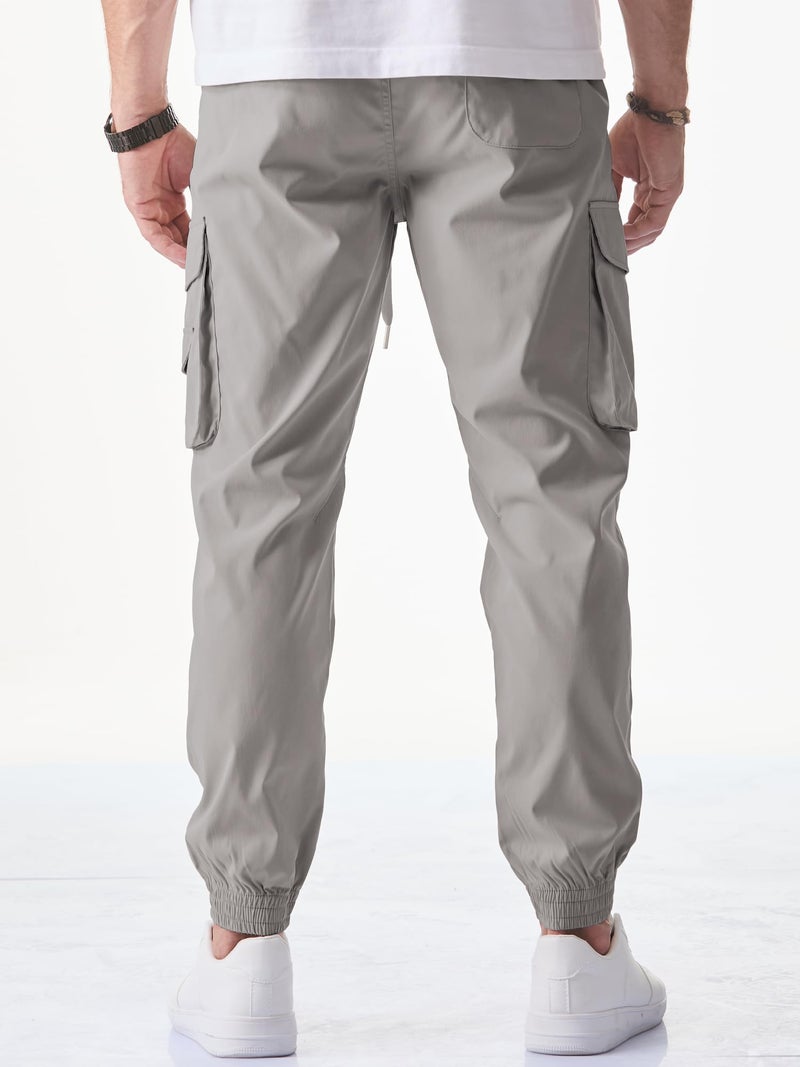 JMIERR Mens Fashion Cargo Joggers Pants - Casual Tapered Stretch Chino Athletic Sweatpants Drawstring Work Hiking Workout Trousers with Pockets Fall Clothing, XL, Light Grey - Image 2
