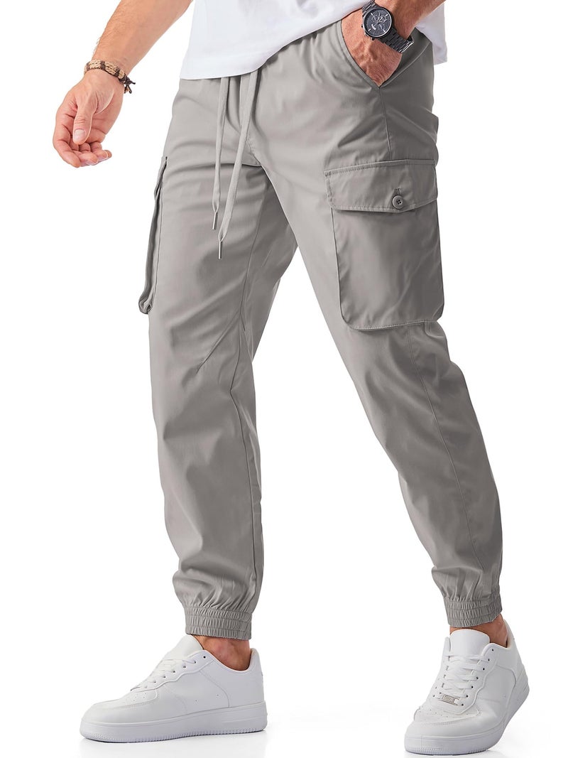 JMIERR Mens Fashion Cargo Joggers Pants - Casual Tapered Stretch Chino Athletic Sweatpants Drawstring Work Hiking Workout Trousers with Pockets Fall Clothing, XL, Light Grey - Image 1