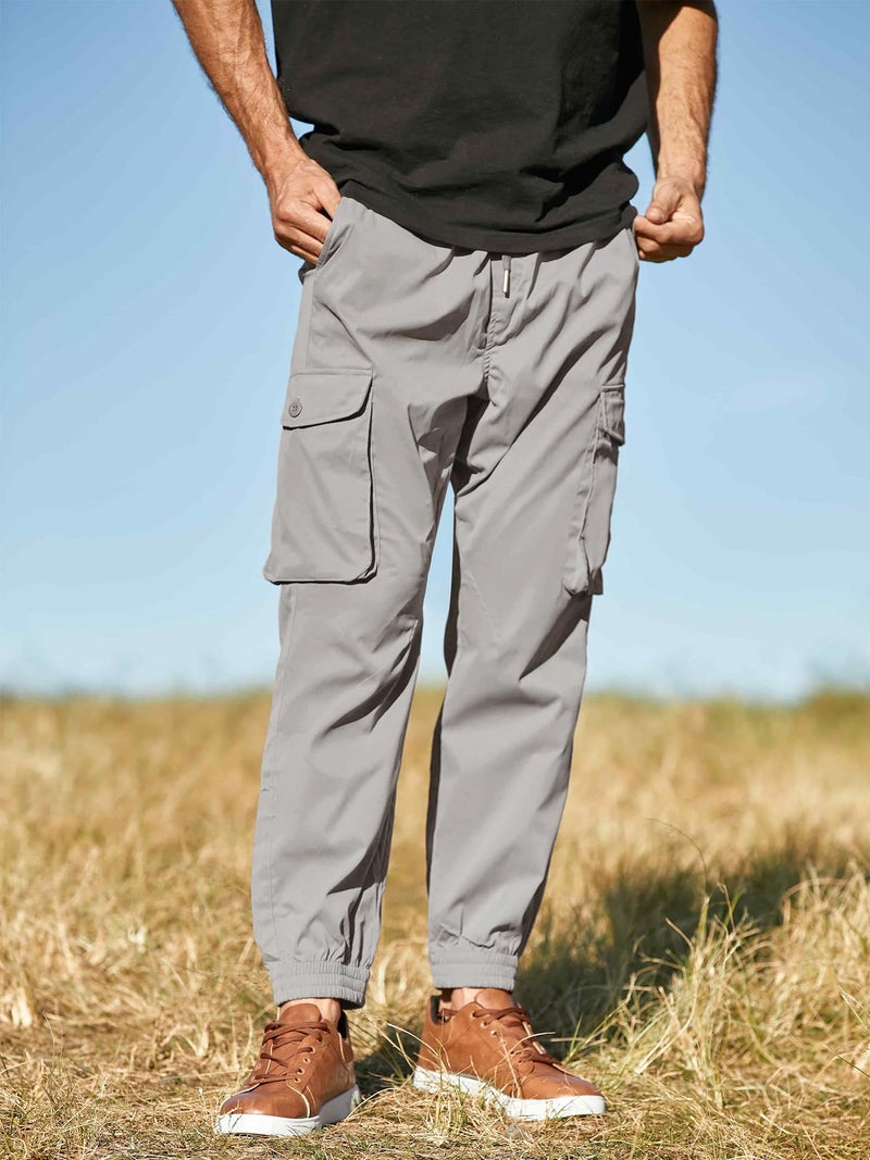 JMIERR Mens Fashion Cargo Joggers Pants - Casual Tapered Stretch Chino Athletic Sweatpants Drawstring Work Hiking Workout Trousers with Pockets Fall Clothing, XL, Light Grey - Image 3