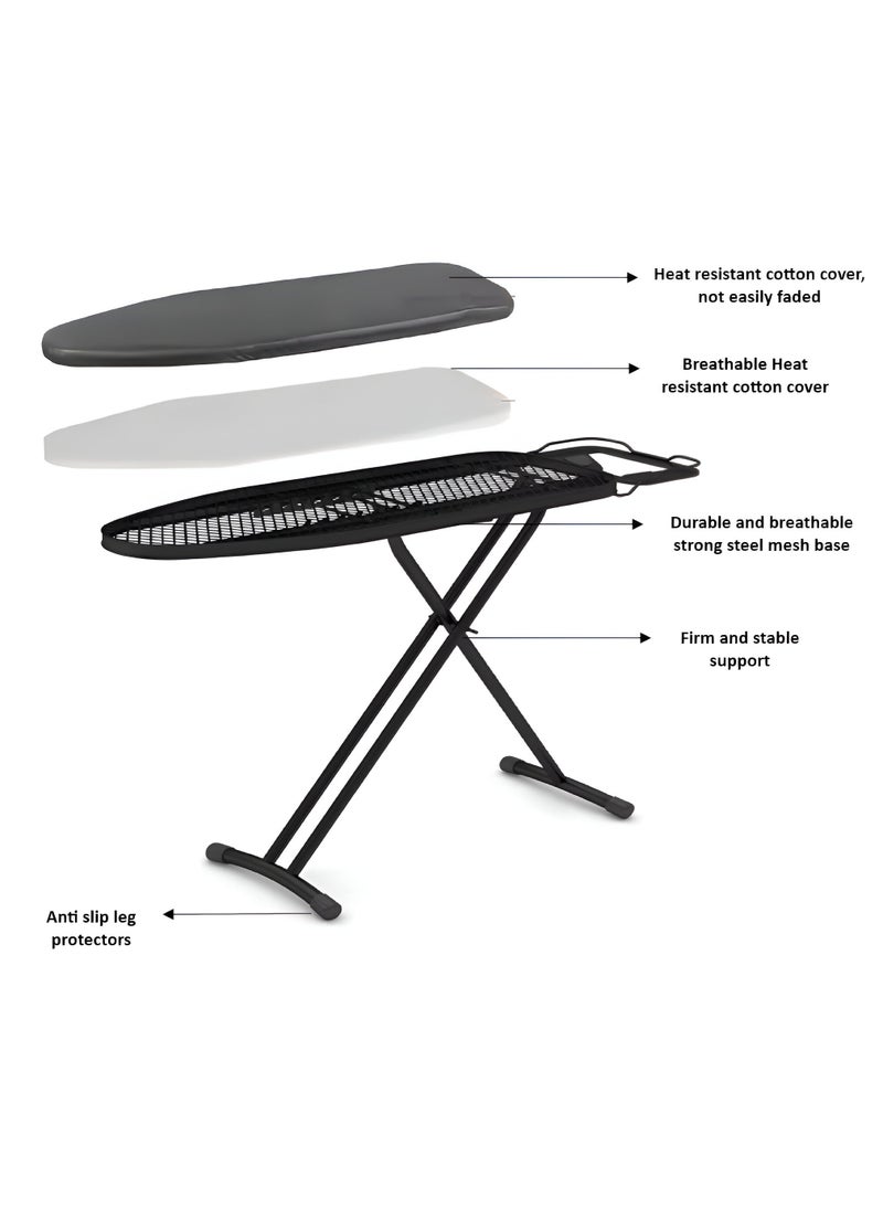 ESSENTIALS 360 Strong 110x30cm Wobble Free Ironing Board , Adjustable Height, Foldable with Slicone Paded Iron Rest, Heavy Duty 32mm and 25mm Metal Frame, Space-Saving for Home, Laundry Room, Dorm Use – Grey  - Image 4