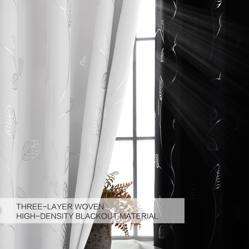 BUHUA Wave Silver Leaf Print Blackout Curtains for Living Room Darkening Curtains Light Blocking Curtains for Bedroom 66W?84L Greyish White 2 Panels - Image 3