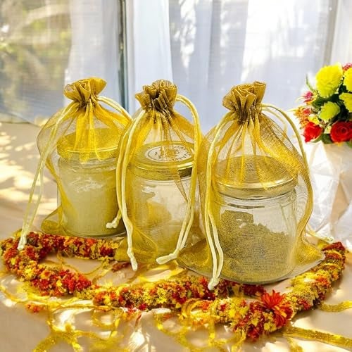 KRIWIN Pack of 50 Organza Tissue Gift Potli Bags 5inch X 7 inch, Drawstring Closure (Gold) - Image 4