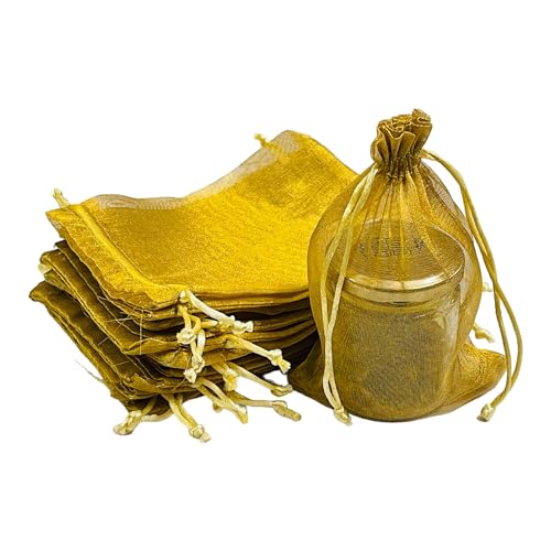 KRIWIN Pack of 50 Organza Tissue Gift Potli Bags 5inch X 7 inch, Drawstring Closure (Gold) - Image 1