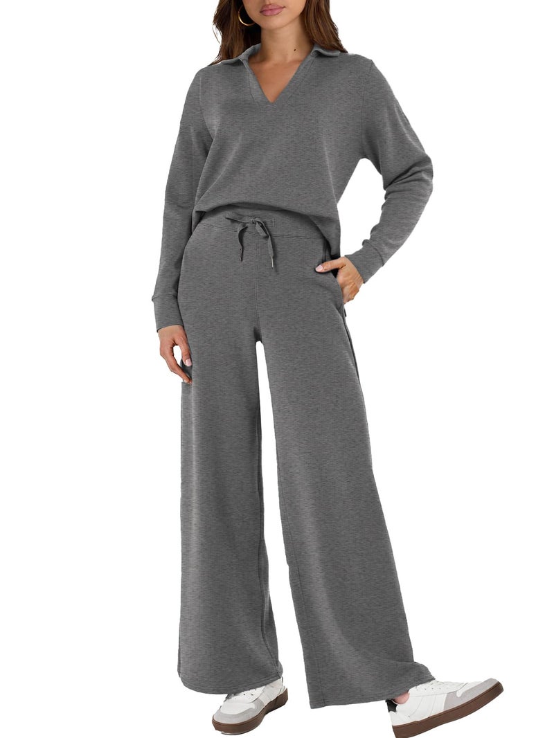 Glamaker Womens Set 2 Piece Outfit Casual Long Sleeve Polo Neck Pants Sets Sweatsuits Wrinkle Resistant Travel Sets Fall Outfits Dark Grey XL