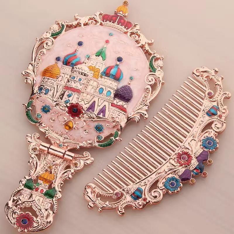 BYVUTE Handheld Mirror Set, Vintage Makeup Mirror and Comb Antique Vanity Mirror Cosmetic Decorative Embossed Hair Brush Gift for Women Girls (Castle 2) - Image 4