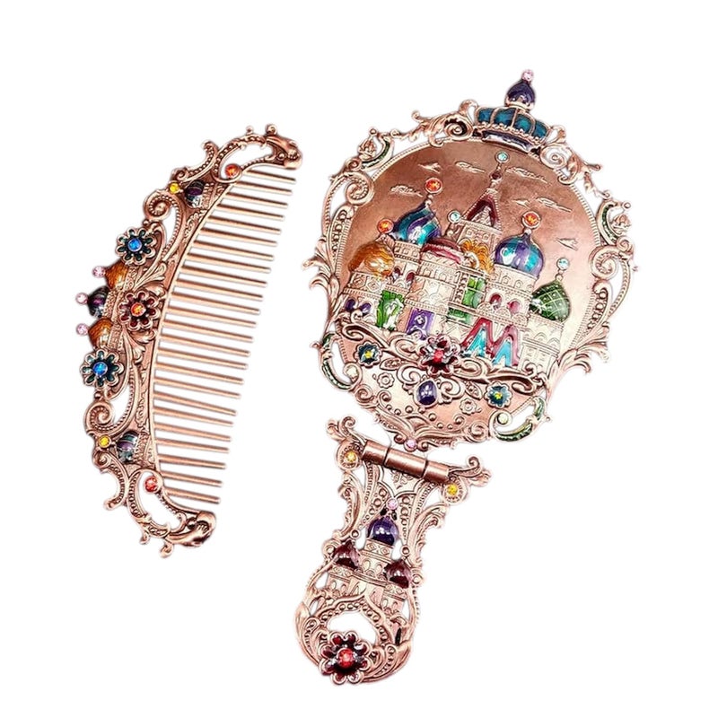 BYVUTE Handheld Mirror Set, Vintage Makeup Mirror and Comb Antique Vanity Mirror Cosmetic Decorative Embossed Hair Brush Gift for Women Girls (Castle 2) - Image 1