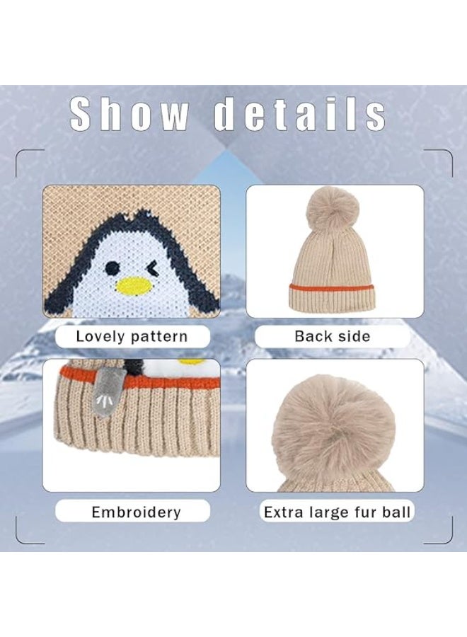 أخبار قبعة محبوكة لطيفة للأطفال في فصل الشتاء، قبعة بيني برسومات كرتونية على شكل بطريق مع بوم بوم، مجموعة أوشحة مبطنة بالصوف للأطفال الصغار والأولاد والبنات لممارسة الرياضة في الهواء الطلق، لون كاكي - Image 5