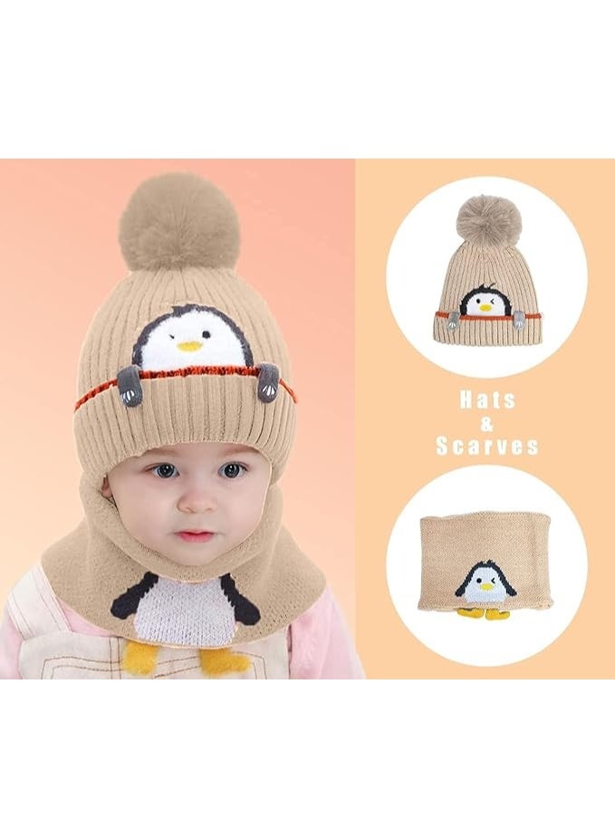 أخبار قبعة محبوكة لطيفة للأطفال في فصل الشتاء، قبعة بيني برسومات كرتونية على شكل بطريق مع بوم بوم، مجموعة أوشحة مبطنة بالصوف للأطفال الصغار والأولاد والبنات لممارسة الرياضة في الهواء الطلق، لون كاكي - Image 2