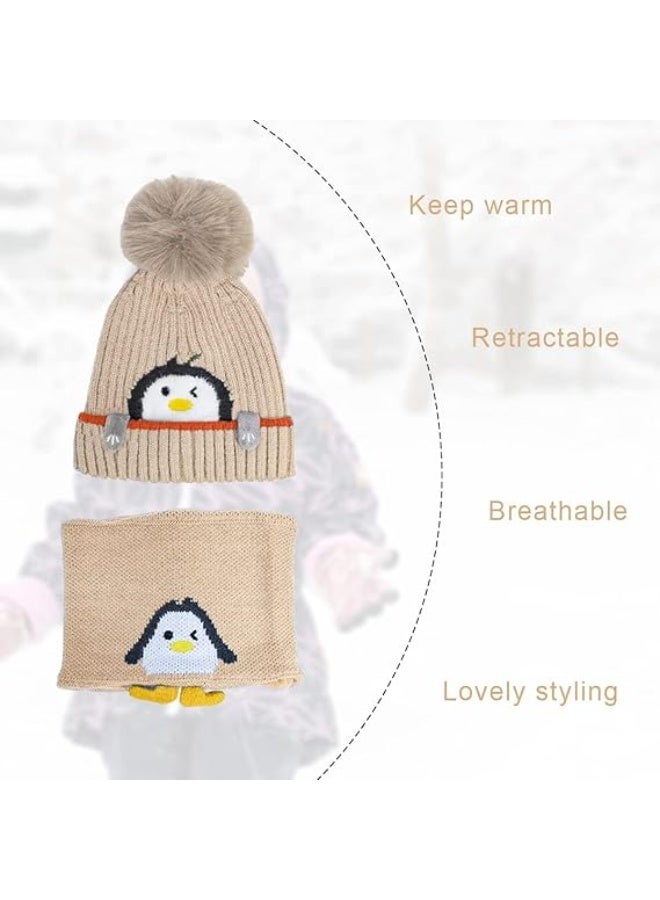 أخبار قبعة محبوكة لطيفة للأطفال في فصل الشتاء، قبعة بيني برسومات كرتونية على شكل بطريق مع بوم بوم، مجموعة أوشحة مبطنة بالصوف للأطفال الصغار والأولاد والبنات لممارسة الرياضة في الهواء الطلق، لون كاكي - Image 3