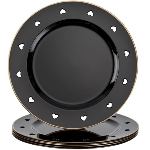 Kazozobi 13" Round Black Charger Plates, Heart Hollow Chargers for Dinner Plates with Golden Border, Formal Table Setting Accessory Centerpiece Bluk Wedding, Valentine's Day, Galentine's Day, Set of 6 - Image 1