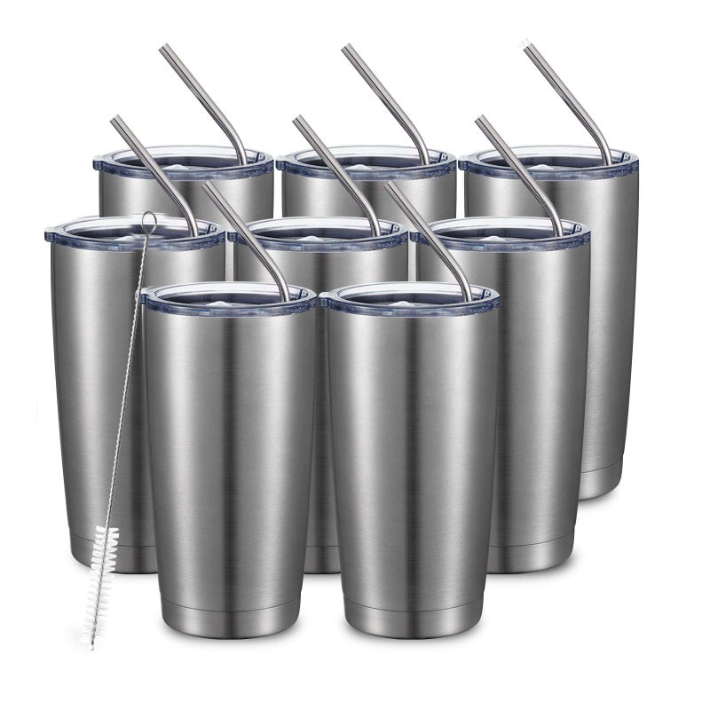 COMOOO 20oz Stainless Steel Tumbler Bulk Double Wall Vacuum Coffee Cup Insulated Travel Mug with Lid and Straw Durable Powder Coated Insulated Coffee Cup for Cold  Hot Drinks silver 8 pack